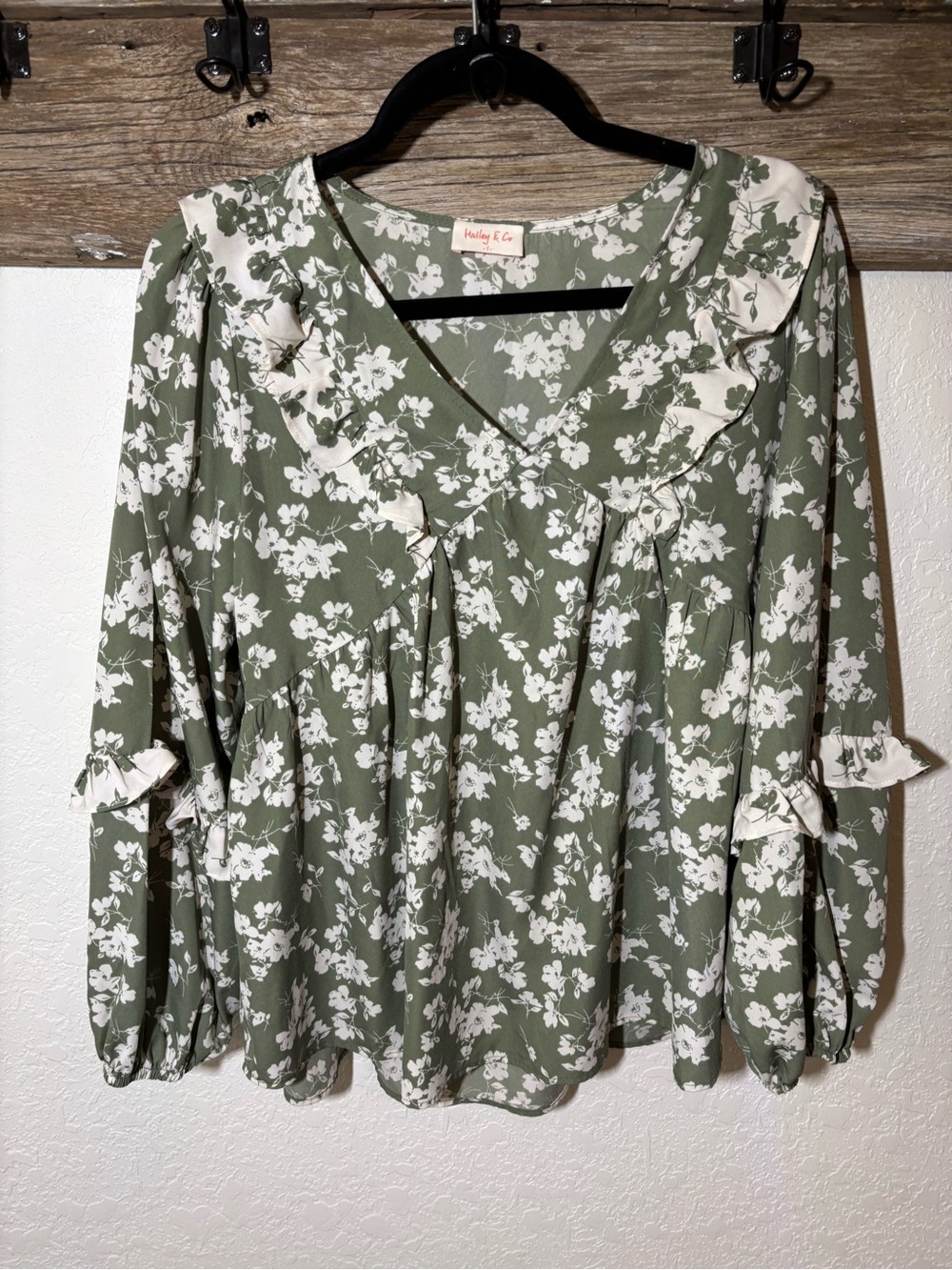 Olive Green Floral Ruffle Blouse, Size Small